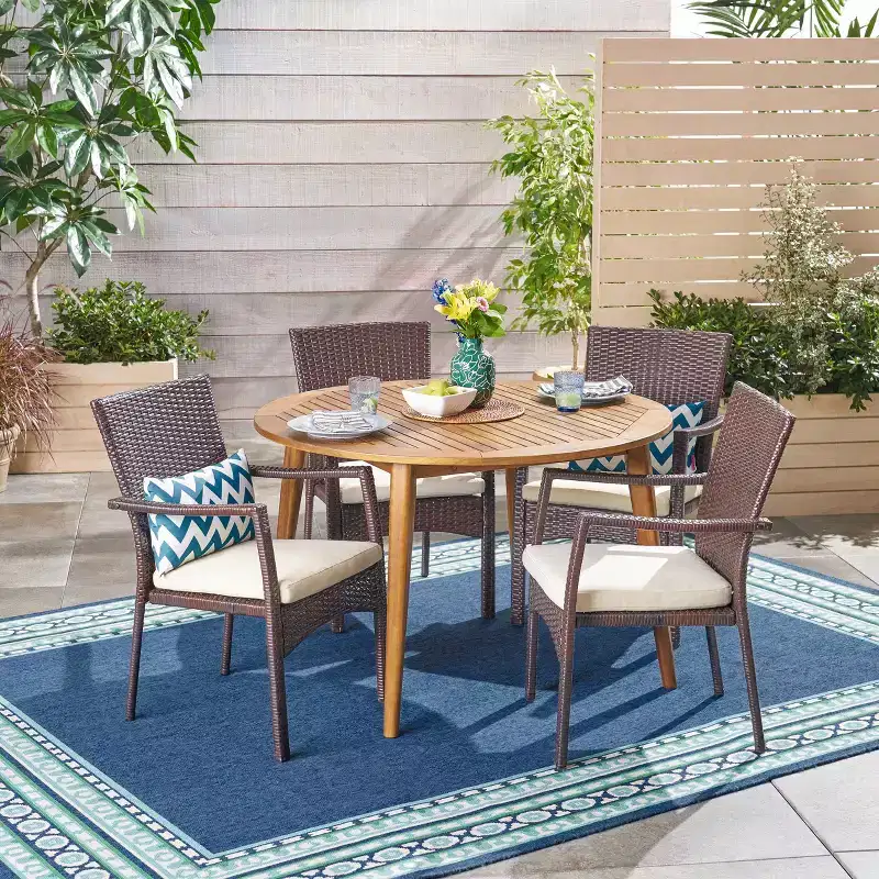 Christopher Knight Home Haley Outdoor Acacia Wood and Wicker 5 Piece Dining Set with Cushion