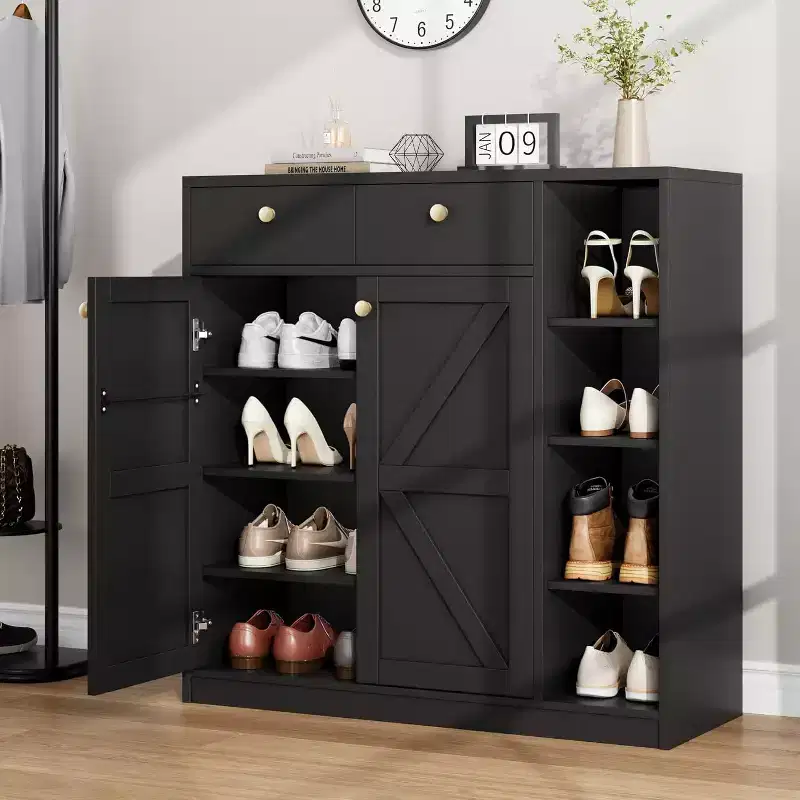 42 Shoe Storage Cabinet  4-Tier Organizer with Doors & 3 Adjustable Shelves for Entryway/Front Door