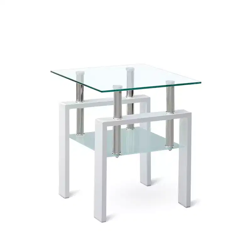 HomeRoots 20 Clear and White Glass and Metal Square End Table With Shelf
