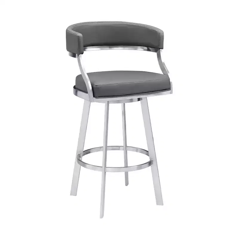 Armen Living 30" Saturn Faux Leather Stainless Steel Barstool Gray: Swivel, Low Back, Footrest, Fixed Height