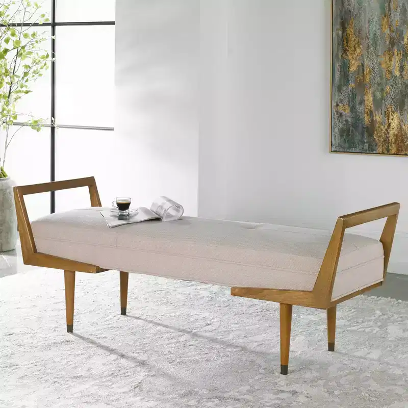 59 Wide Woven Beige Fabric Tufted Bench