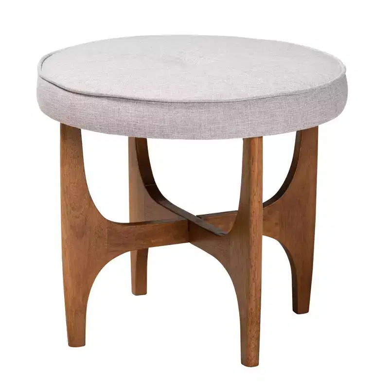 Theo Fabric and Wood Ottoman Footstool Grayish Beige/Walnut Brown - Baxton Studio