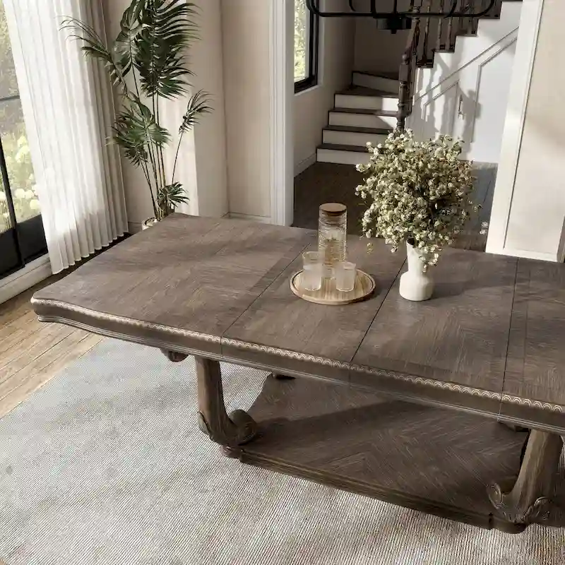 Furniture of America Cassian Traditional 9-Piece Weathered Oak Solid Wood Expandable Dining Table Set