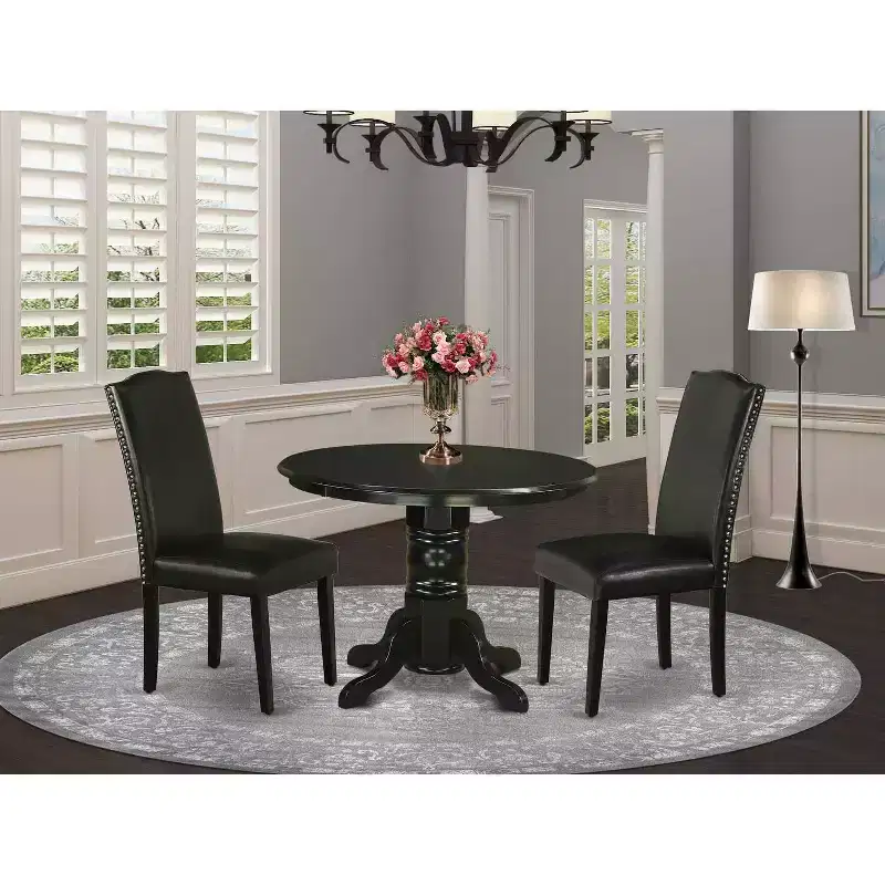Dinette Set 3Pc Round Table & 2 Parsons Chairs - Black PU Leather - 42 Table