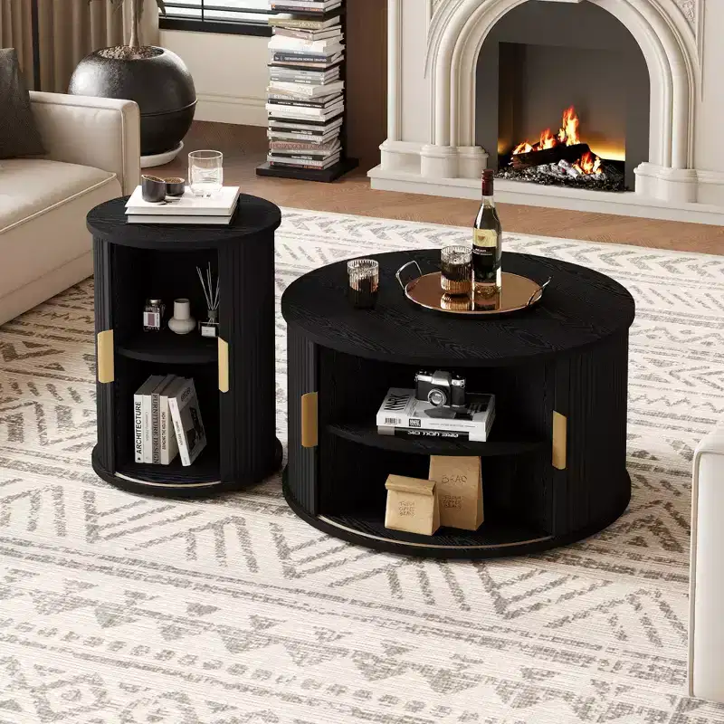 Clihome Mid-Century Round Coffee Table Set with Sliding Tambour Door Set of 2