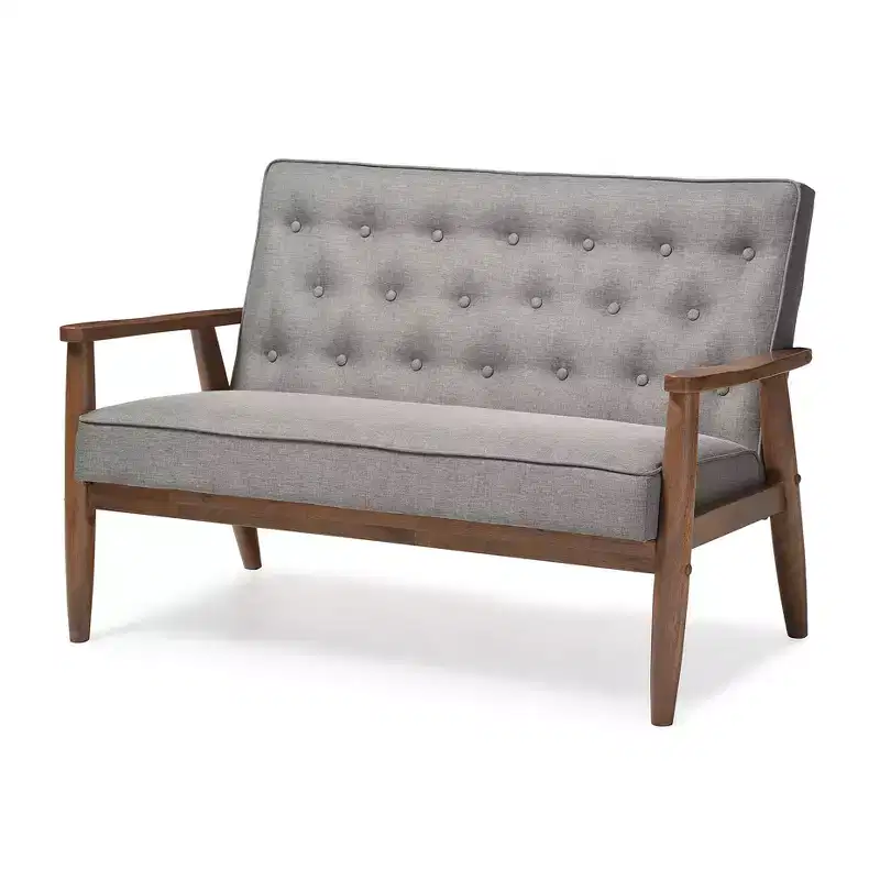 Sorrento Mid-Century Retro Modern Fabric Upholstered Wooden 2 Seater Loveseat Gray - Baxton Studio: Danish Design, Rubberwood Frame