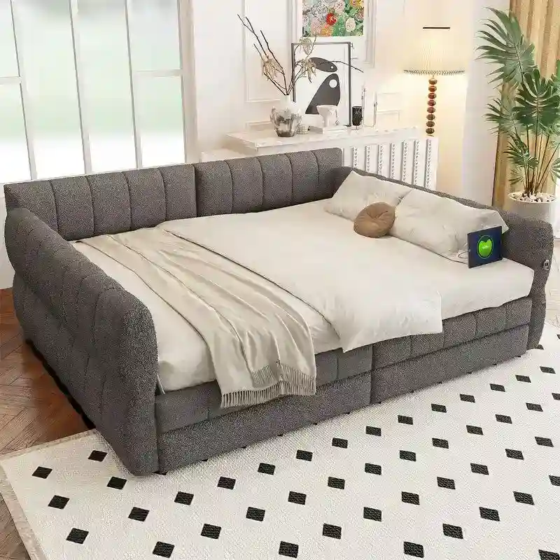 Upholstered Daybed with 2 Storage Drawers, Queen Size Sofa Bed Frame with USB Ports Design and Wood Slats Support