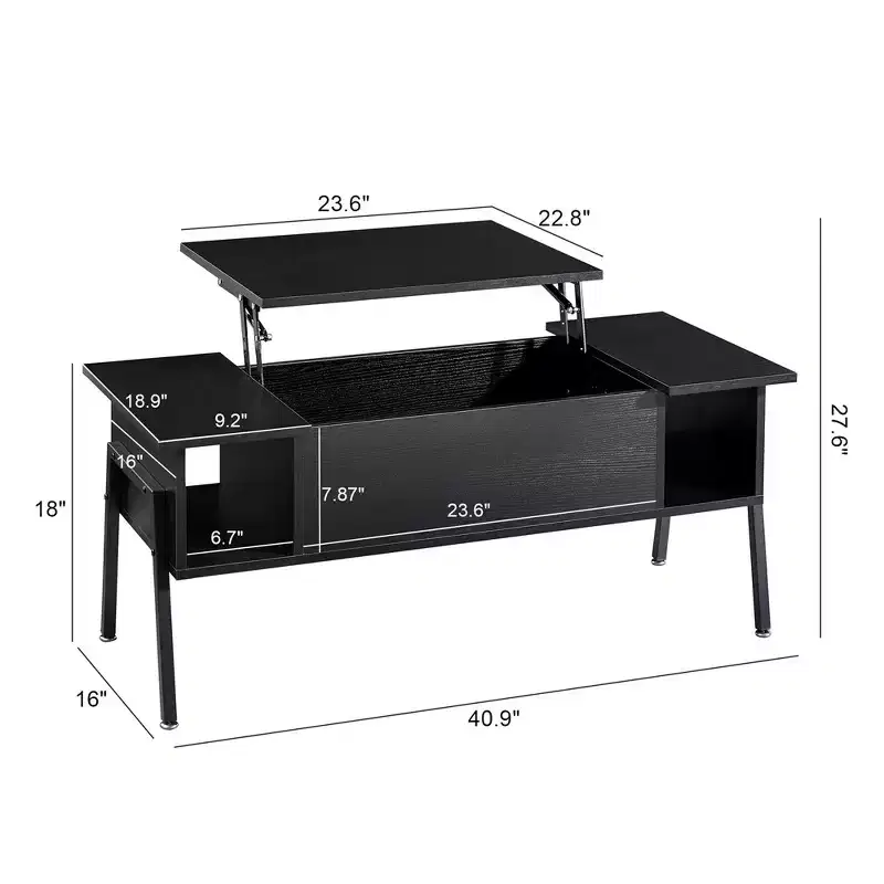 42 Inch Lift Top Coffee Table with Metal Legs, Rising Center Table w/Hidden Compartment and 2 Storage Shelves