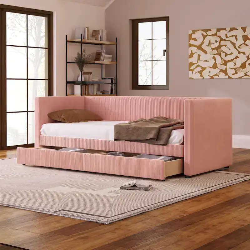 Twin Size Corduroy Upholstered Daybed with Two Storage Drawers and Wood Slat Frame & Headboard, No Box Spring Needed