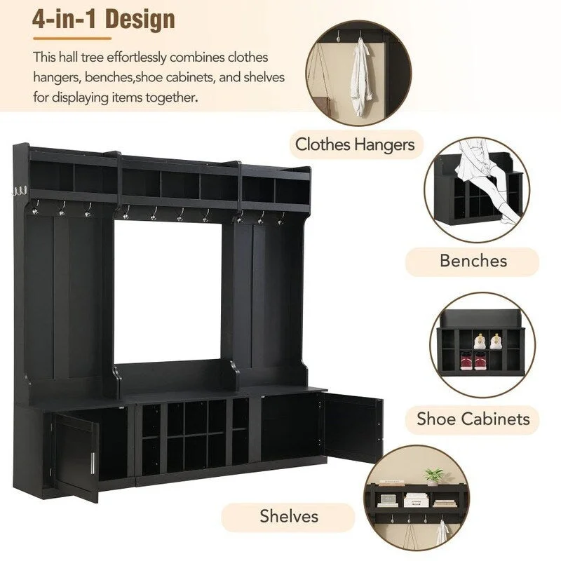4-IN-1 Multi-functional Hall Tree Entryway Bench with Coat Rack and Shoe Cubbies