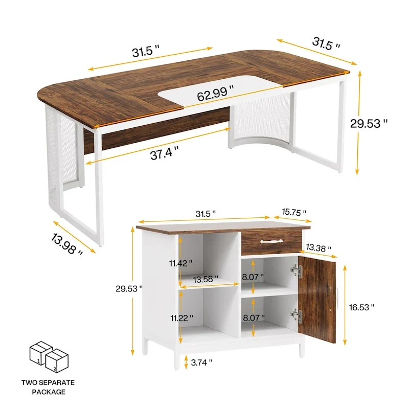 Large 63 L-Shaped Executive Office Desk with 31 File Cabinet