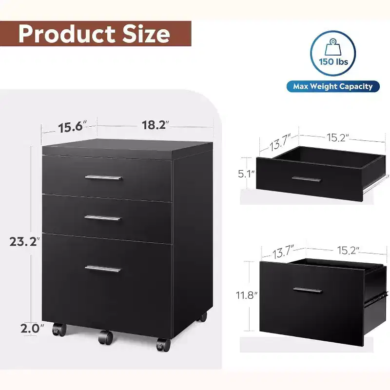 Black / Walnut / White 3-Drawer Rolling File Cabinet – Under Desk, 1-Person Home Office