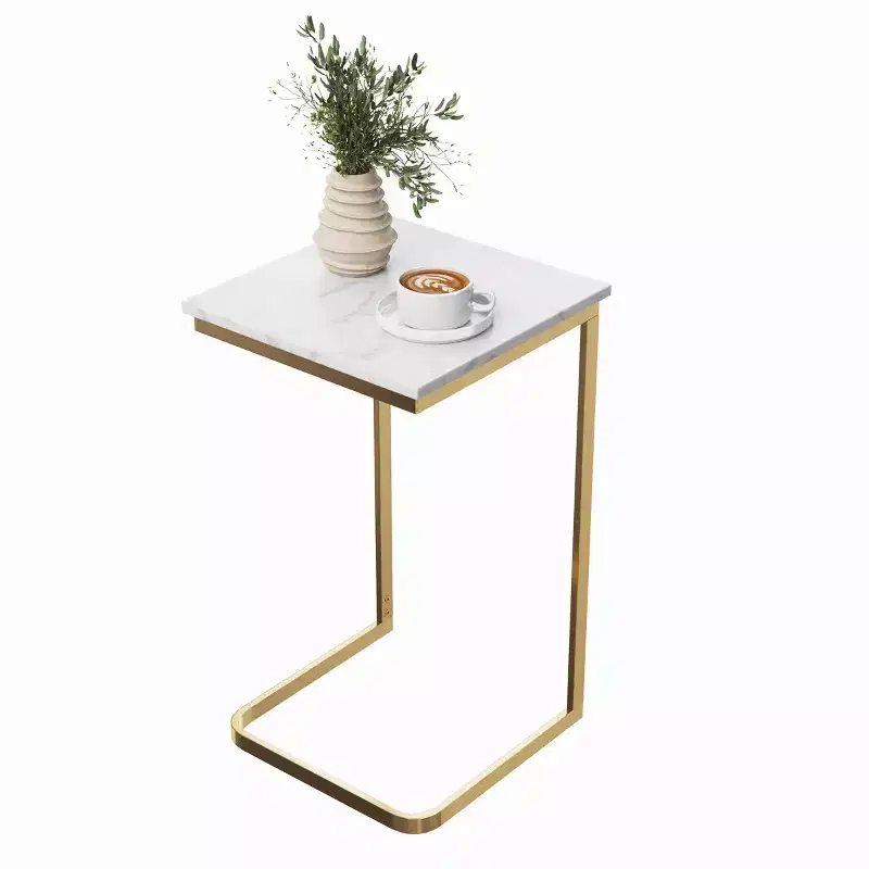 C-Shaped End Table Real Marble Top with Gold Iron Frame