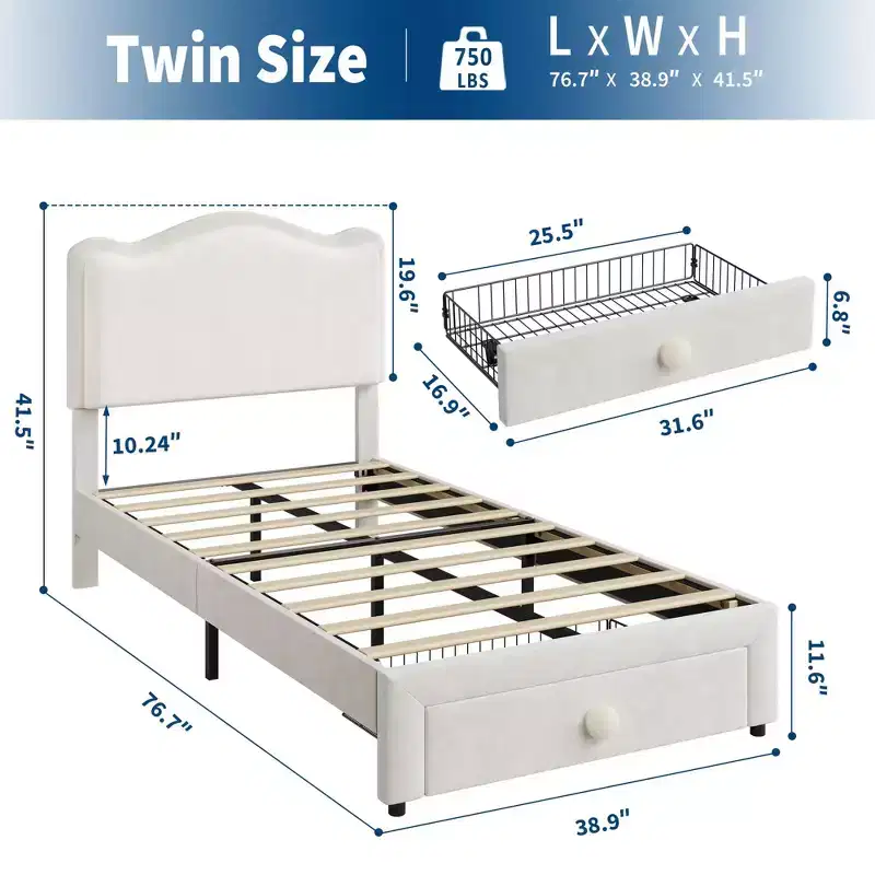 Princess Twin Size Platform Bed Frame with Storage Drawer  No Box Spring Needed, Upholstered Headboard for Kids Girls