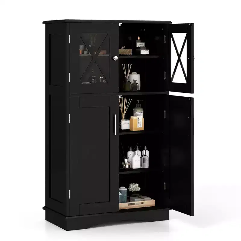 Costway Bathroom Storage Cabinet Linen Storage Cabinet with Doors and Adjustable Shelves Black/Grey/Brown/White