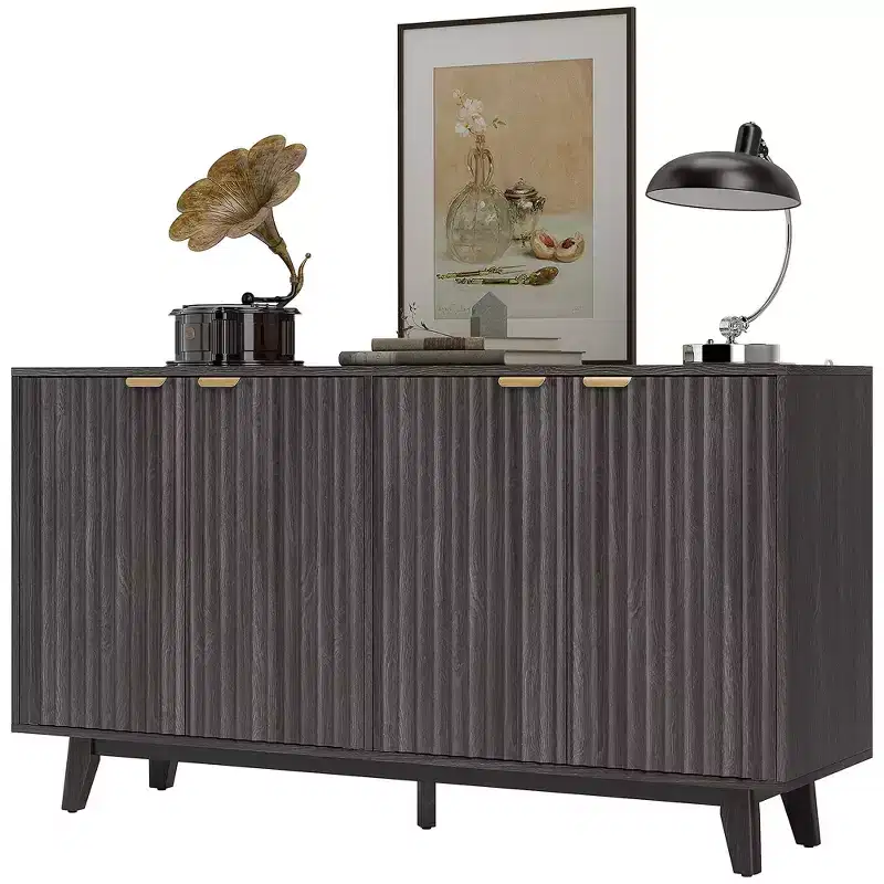 Fluted Sideboard Buffet Cabinet, 55 Coffee Bar Cabinet with 4 Doors, 2 Adjustable Shelves, 5 Wood Legs