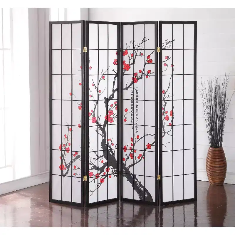 4 Panel Room Divider, Plum Blossom Black, Foldable Privacy Screen for Home Office