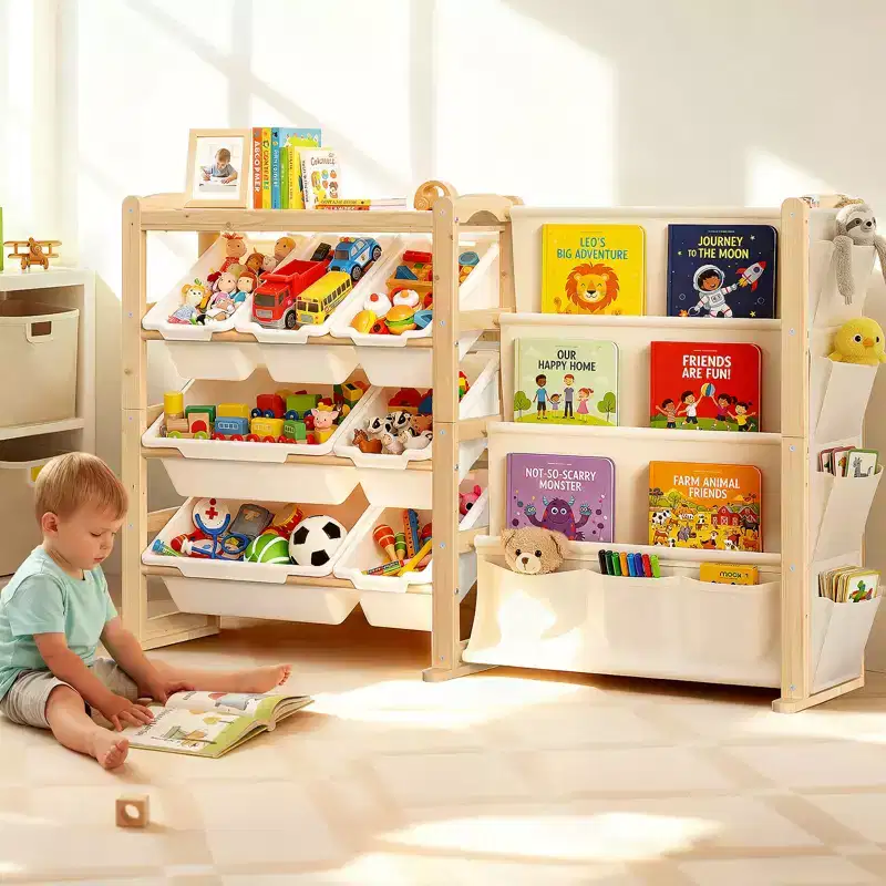 Solid Wood Toy Organizer and Bookshelf 2-in-1, Natural Pine Kids Storage Shelf with 7 Bins, Side Pockets and 4-Tier Book Rack for Playroom or Nursery