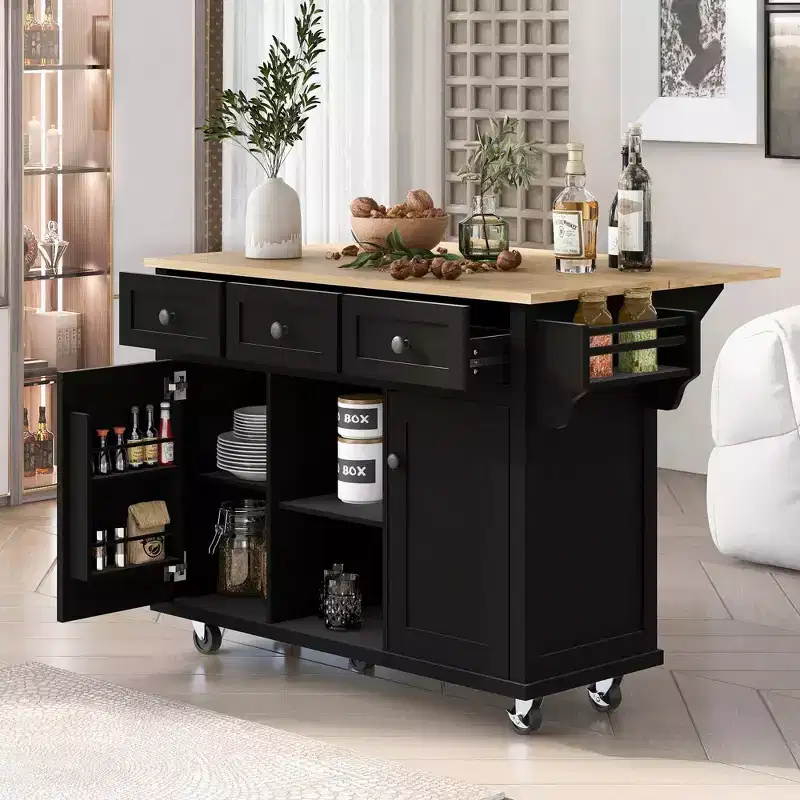 Kitchen Island With Storage Cabinet & 3 Drawers Kitchen Cart With Rubber Wood Drop-Leaf Countertop Cabinet Storage Racks For Dinning Room Black