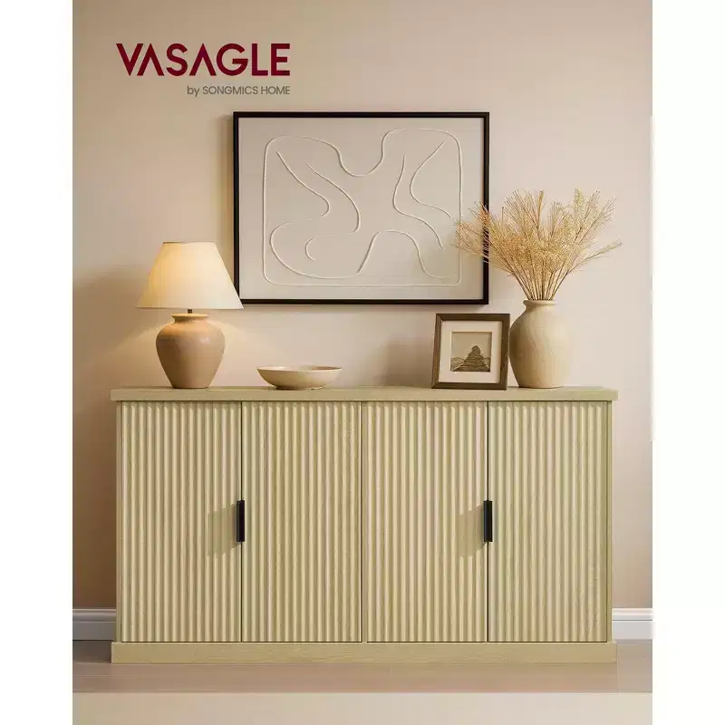 Fluted 4-Door Sideboard Cabinet – Oak Beige / Washed Gray