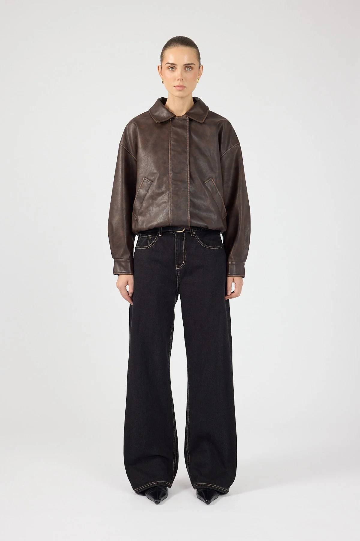 Washed Faux Leather Bomber Brown