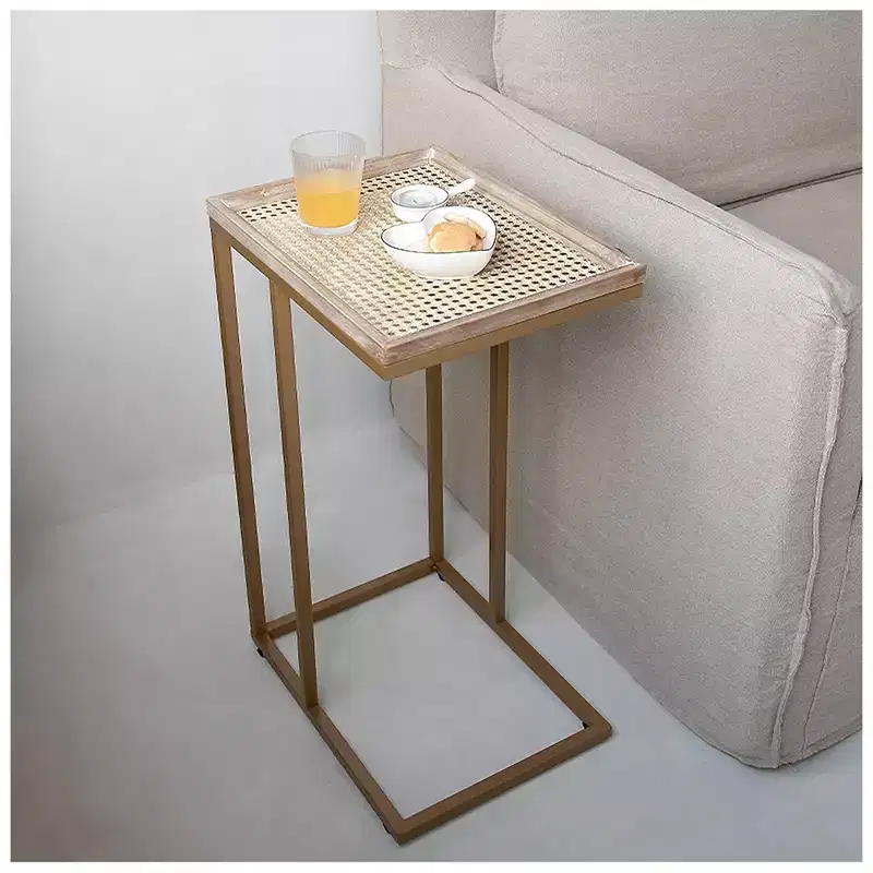 Farmhouse C Table Couch Metal End Table with Woven Pattern Tray Top, Gold