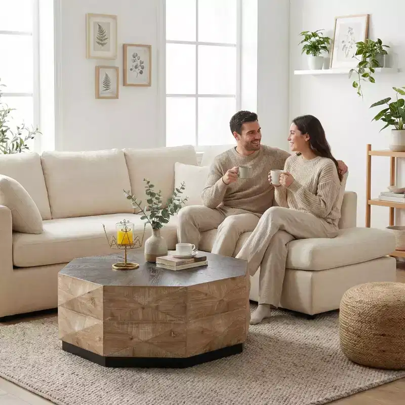38 Octagon Retro Wood Coffee Table with 3D Embossed Pattern for Living Room