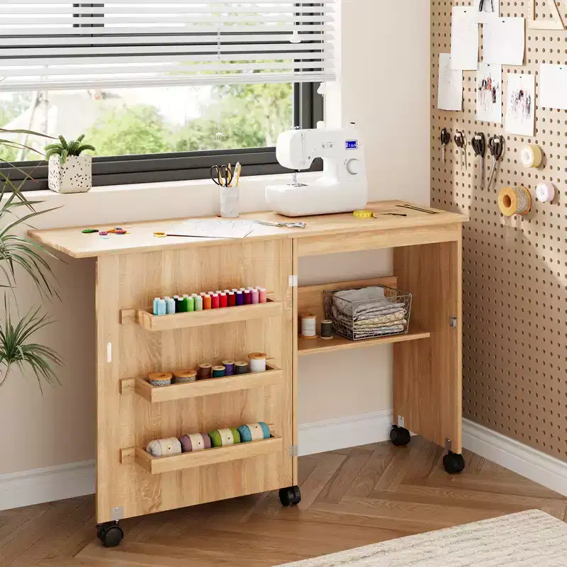 Space-Saving Folding Sewing Machine Table Cabinet, Multipurpose Craft Station w/ Lockable Wheels, Storage Shelves, Pegs & Magnetic Locks