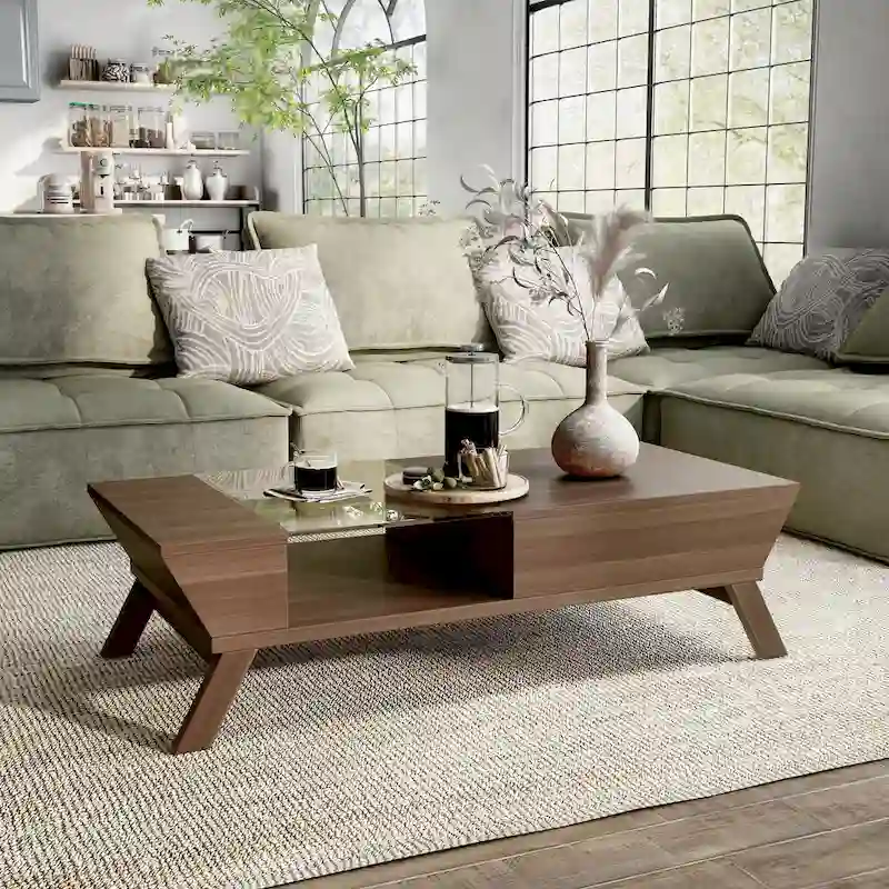 Medieval-style modern walnut wood 47-inch glass-paneled single-layer coffee table