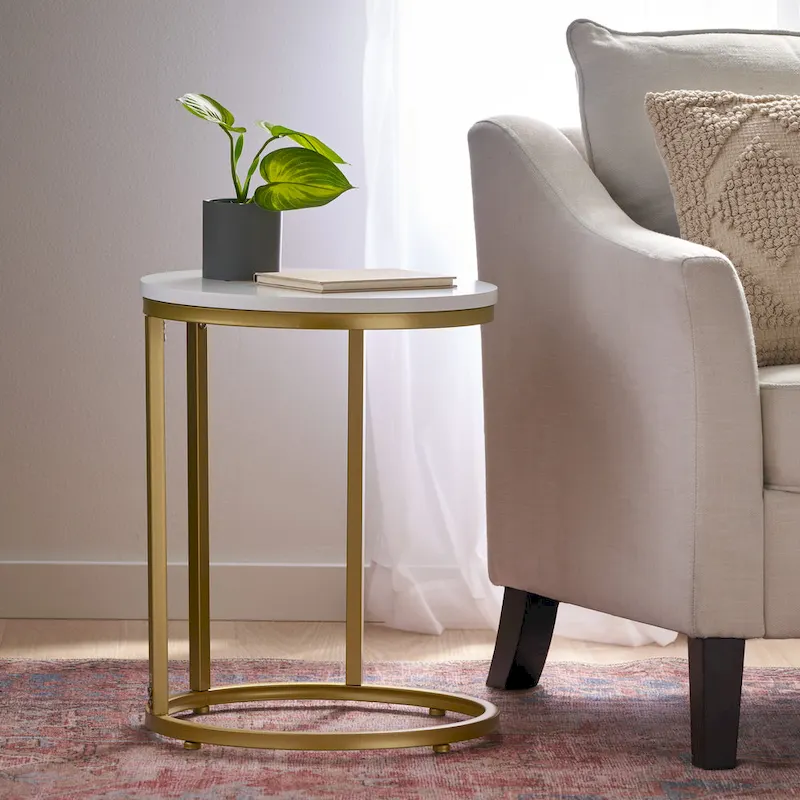 C-Shape Iron End Table with Faux Wood Top – White + Gold, 1-Unit
