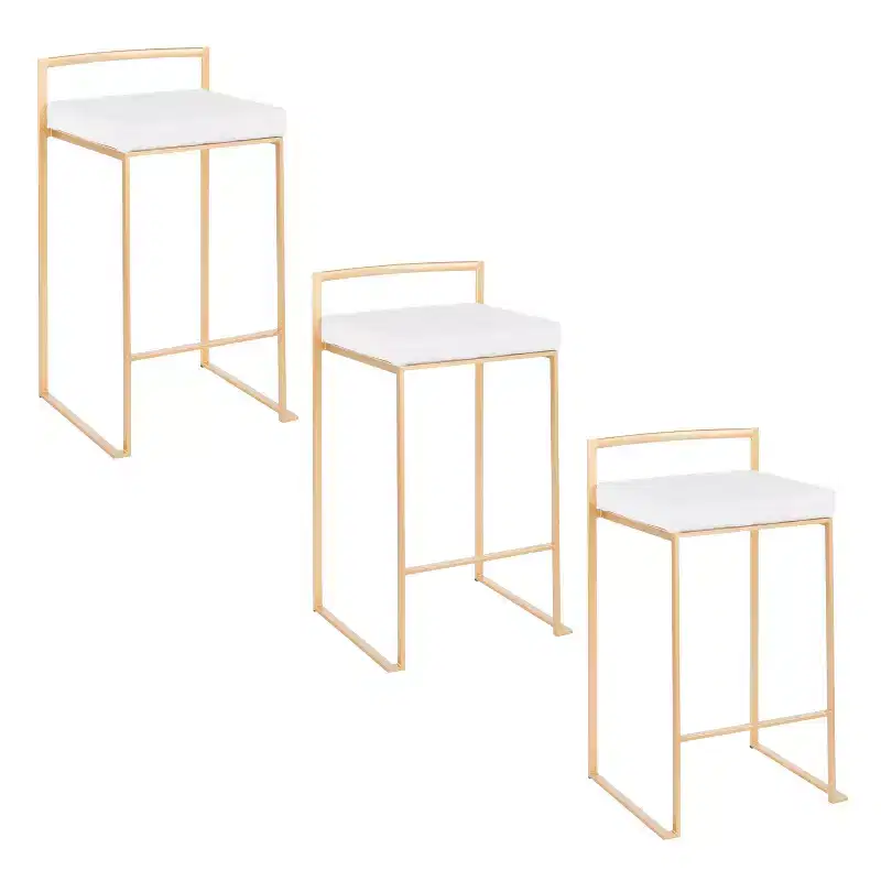 LumiSource Set of 3 Fuji Stacker Counter Height Barstools Gold/White Velvet
