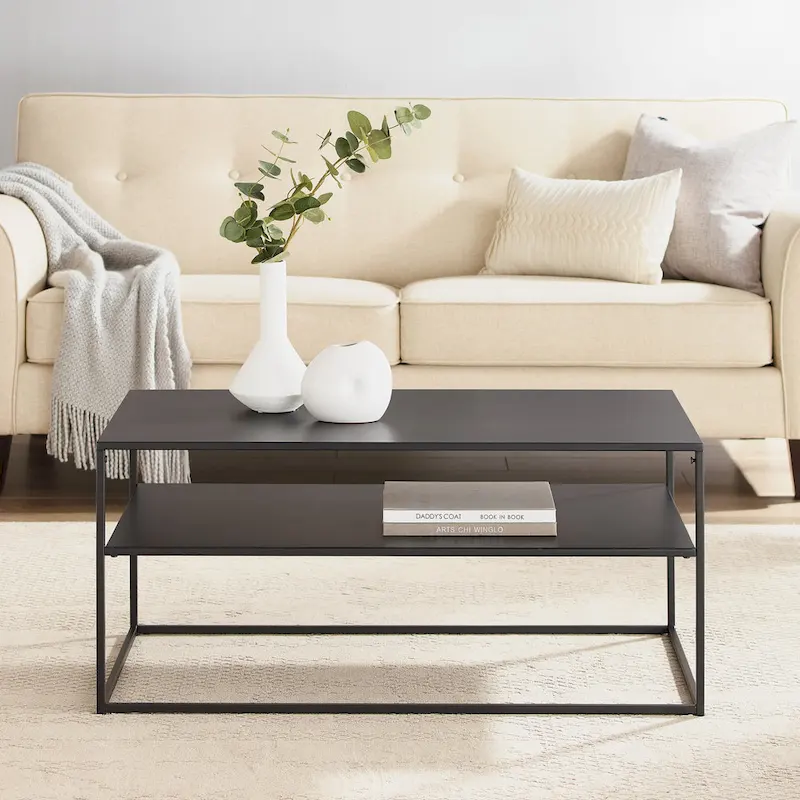 Industrial Steel Coffee Table with Matte Black Finish & Lower Shelf, 50 lb Capacity, Modular Design