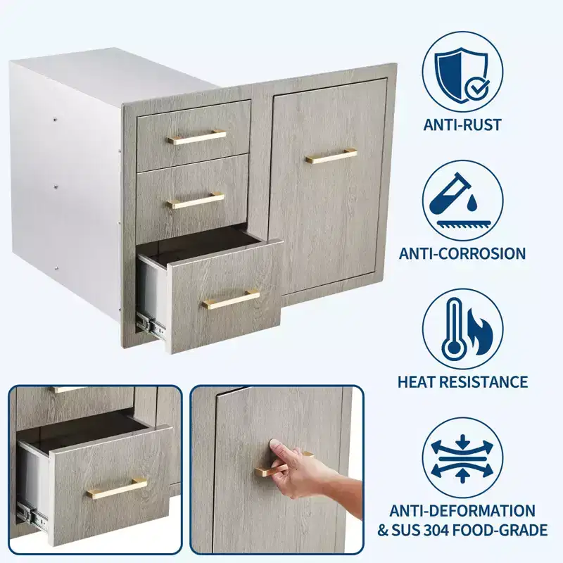 38.2W Stainless Steel Outdoor Drawer Cabinet with Propane Tank Storage, Garbage Ring, Triple Drawers, Access Door, New Magnolia Color