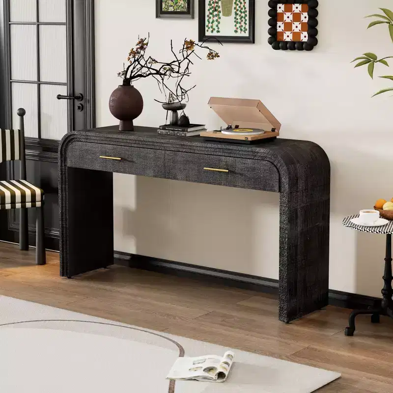 Okak Burl Veneer Console Table with Storage Drawers,Entryway Table with Sturdy Legs & Metal Handles,Foyer Table for Hallway,Living Room