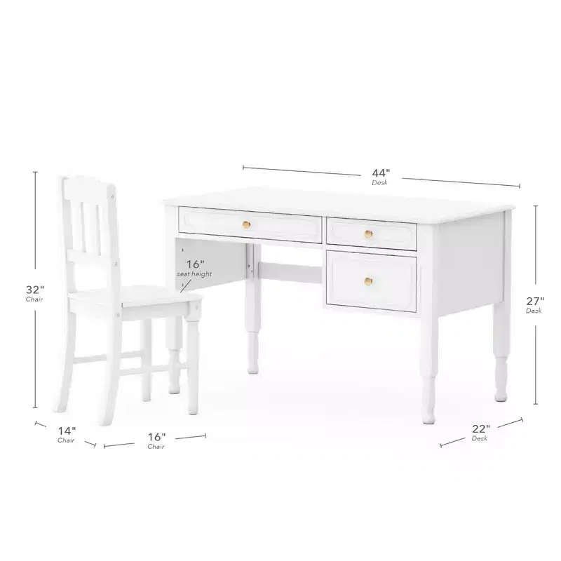 Guidecraft Avery Kids' Desk and Chair Set - White: Girls Wooden Study Desk with Storage Drawers, Computer Workstation for Children