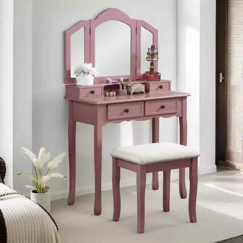 Wooden Vintage Vanity with Stool and 3 Pieces Mirror, Makeup Vanity with 4 Drawers and Shelf, Compact Vanity for Bedroom, Living Room