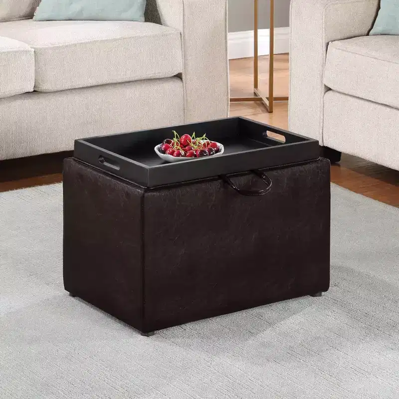 Espresso / Black Rectangle Faux Leather Storage Ottoman, 1-Seat
