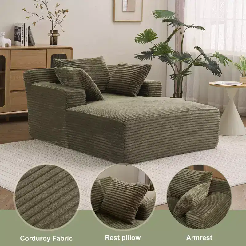 Efomao 66inx48in Chaise Longue Chair Indoor Modern Upholstered Corduroy Deep Seat Sofa Bed with Armrests No Assembly Required Green