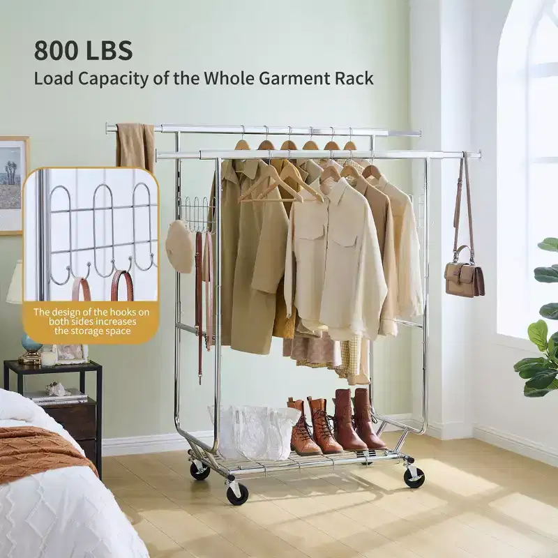 VIYET 68 800LBS Double Garment Rack with Shelves, Heavy-Duty Iron Rolling Clothes Rack (Collapsible Commercial Portable Hanger)