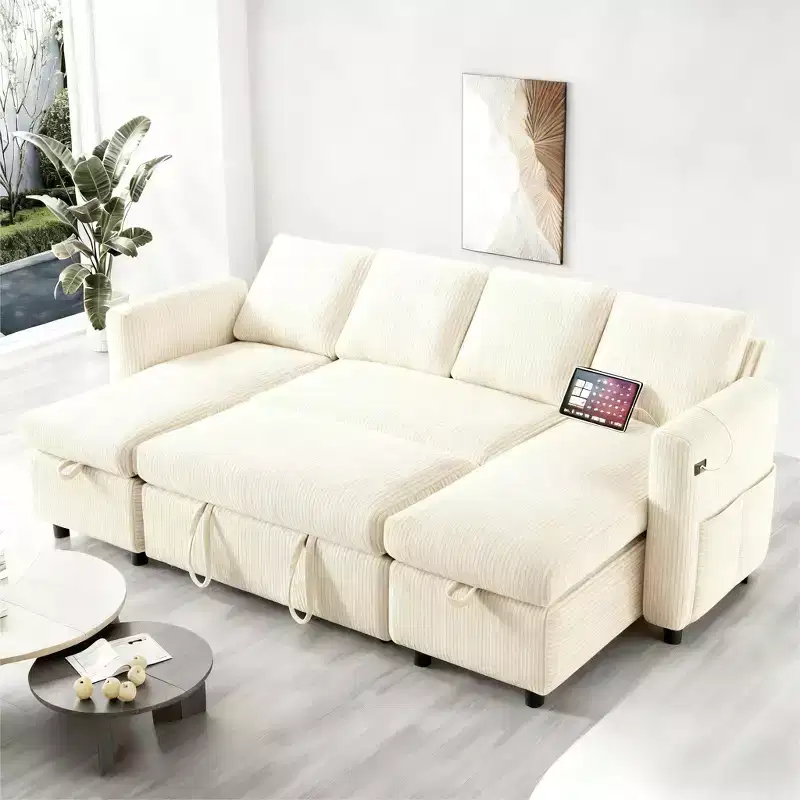 Dyonery 105-inch four-seat pull-out bed with storage space and side pockets, adjustable backrest, convertible sofa bed, corduroy