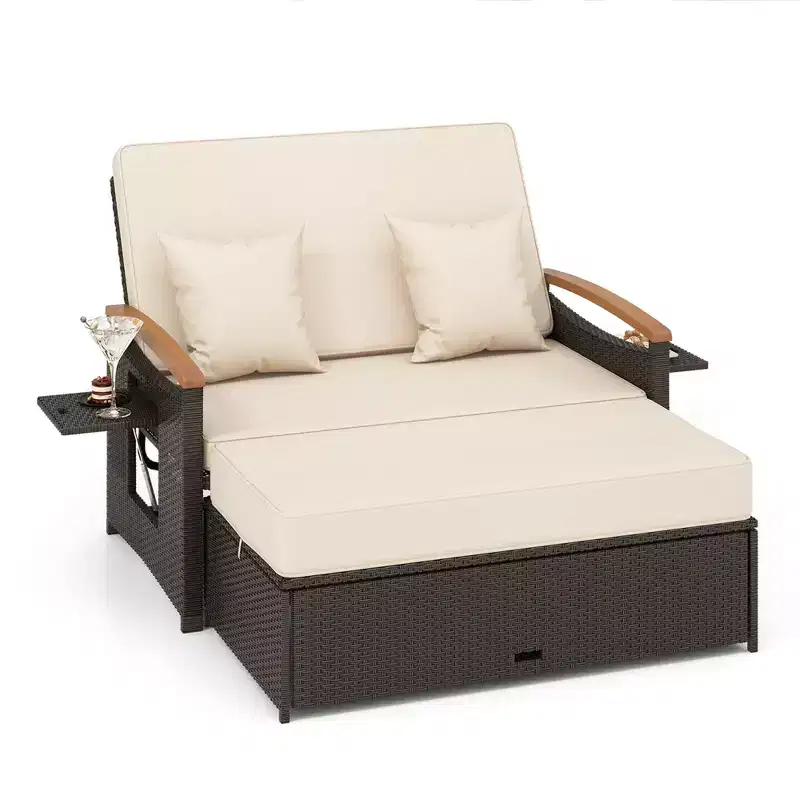 Costway Patio Rattan Daybed Set with Cushioned Loveseat & Storage Ottoman for Porch Beige/Navy/Red/Turquoise/Black/Gray