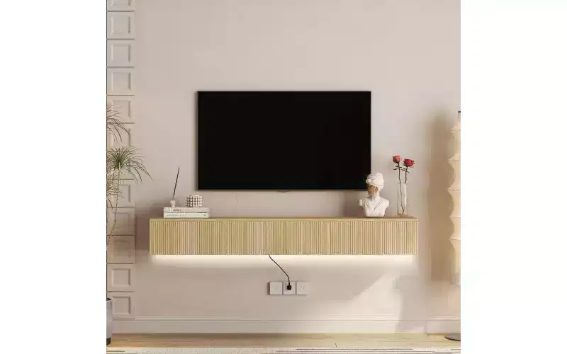 68.8 Floating TV Stand Wall Mounted with 16 Color LEDs,69 Modern TV Stand, Floating TV Cabinet Entertainment Center for 55 60 65 Inch TV, Wood