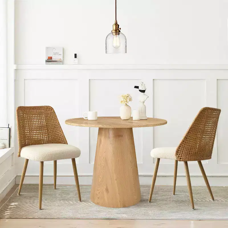 Round Dining Table Set for 2, Modern 35 Pedestal Table and Upholstered Dining Chairs with Rattan Backs, Perfect for Small Space Dining-Panipeachy