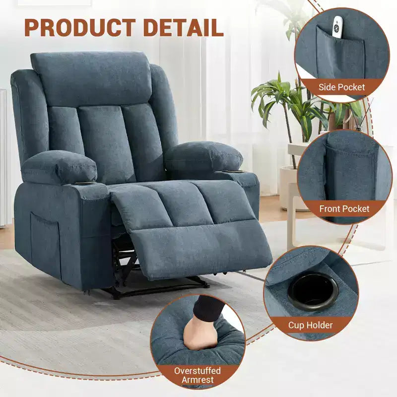 Massage Rocker Recliner Chair, Comfy Overstuffed Rocking Chair with Side Pockets, Front Pockets and Cup Holder, Easy Assembly