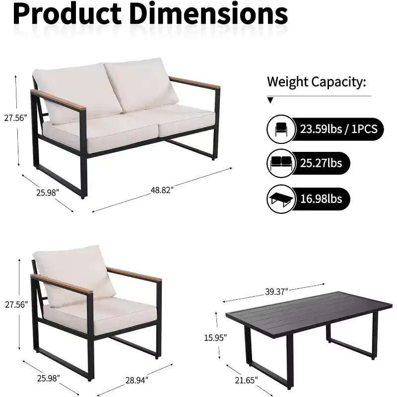 COZONY 4 Piece Outdoor Patio Set, Metal Conversation Chairs Coffee Table Sectional for Porch Balcony Garden