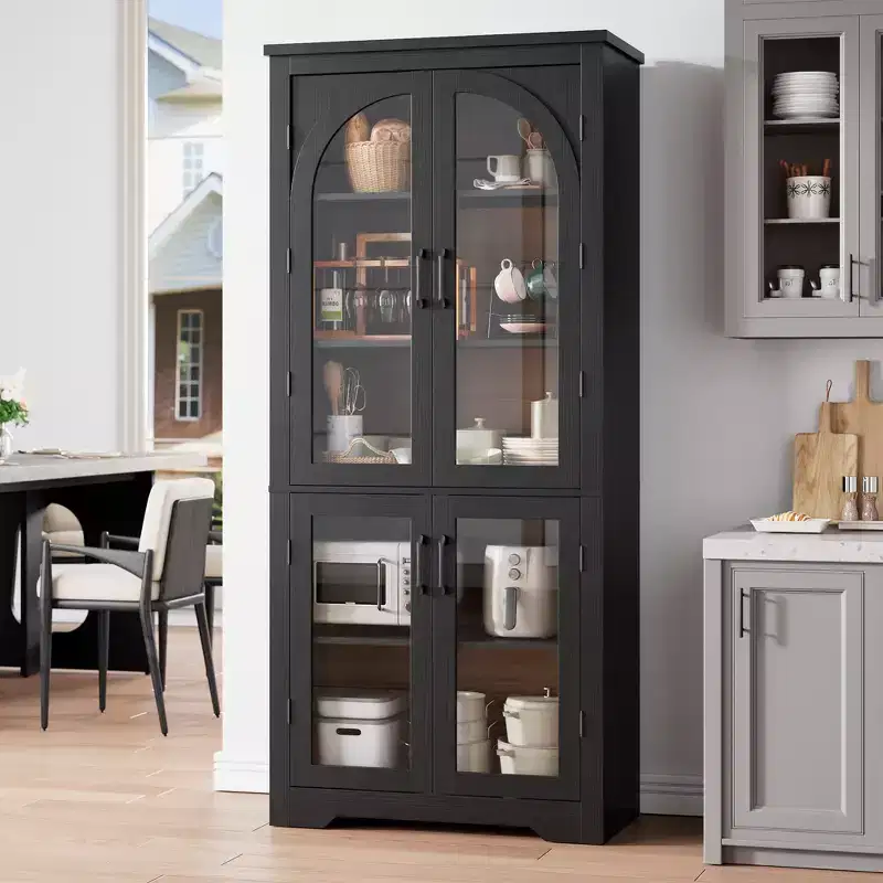 70 Tall Kitchen Pantry Cabinet, Modern Display Cabinet with 4 Arched Glass Doors and Adjustable Shelves, for Kitchen, Living Room, Dining, Bathroom