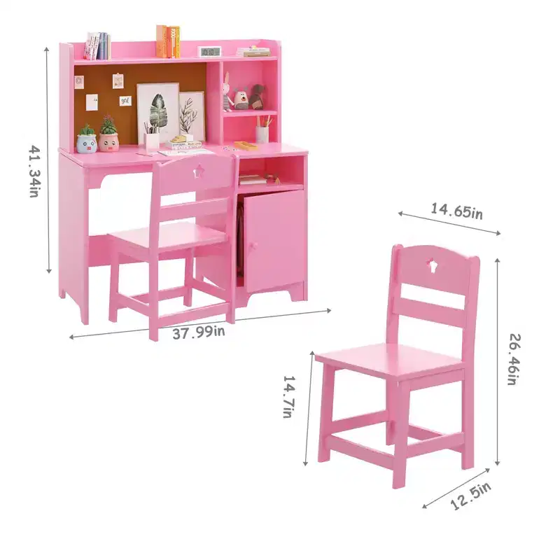Children's Study Desk and Chair Set with Hutch & Storage Cabinet, Wooden Study Table, Ergonomic, for Bedroom, Study Room