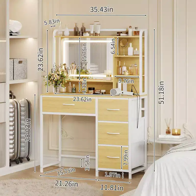 35.4 Vanity Desk with Mirror & Lights,Makeup Table with 4 Fabric Drawers & Storage Shelves,Adjustable Dressing Table for Bedroom