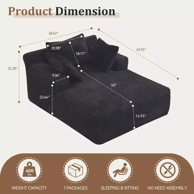 66inx48in Chaise Longue Chair Indoor Modern Upholstered Corduroy Deep Seat Sofa Bed with Armrests No Assembly Required Black