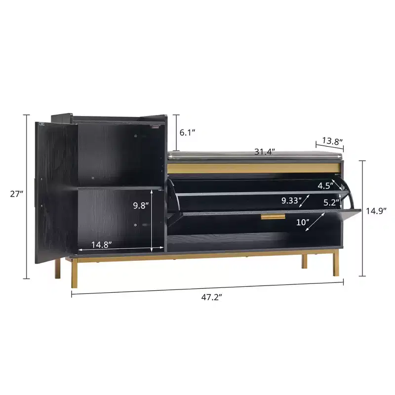 Entryway Storage Bench with 2-Tier Flip Drawers, Cushioned Seat, Holds 8-12 Pairs